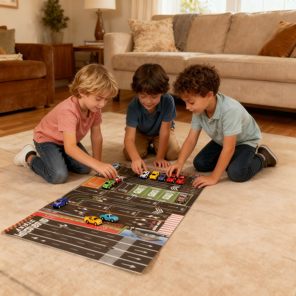 48 carrinhos de metal com marcha à ré - Mapa da cidade com trilhos duplos e estacionamento, presente