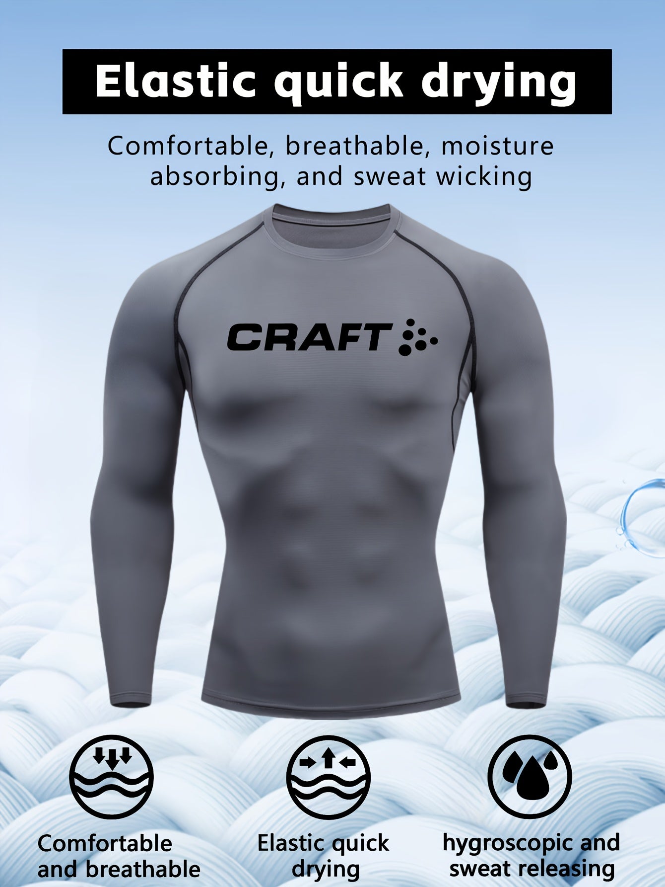 Camiseta de compressão masculina de manga comprida de alto desempenho CRAFT | Tecido de malha com gola redonda, secagem rápida, respirável e com absorção de umidade, ideal para fitness, corrida, boxe e uso casual. Leve e