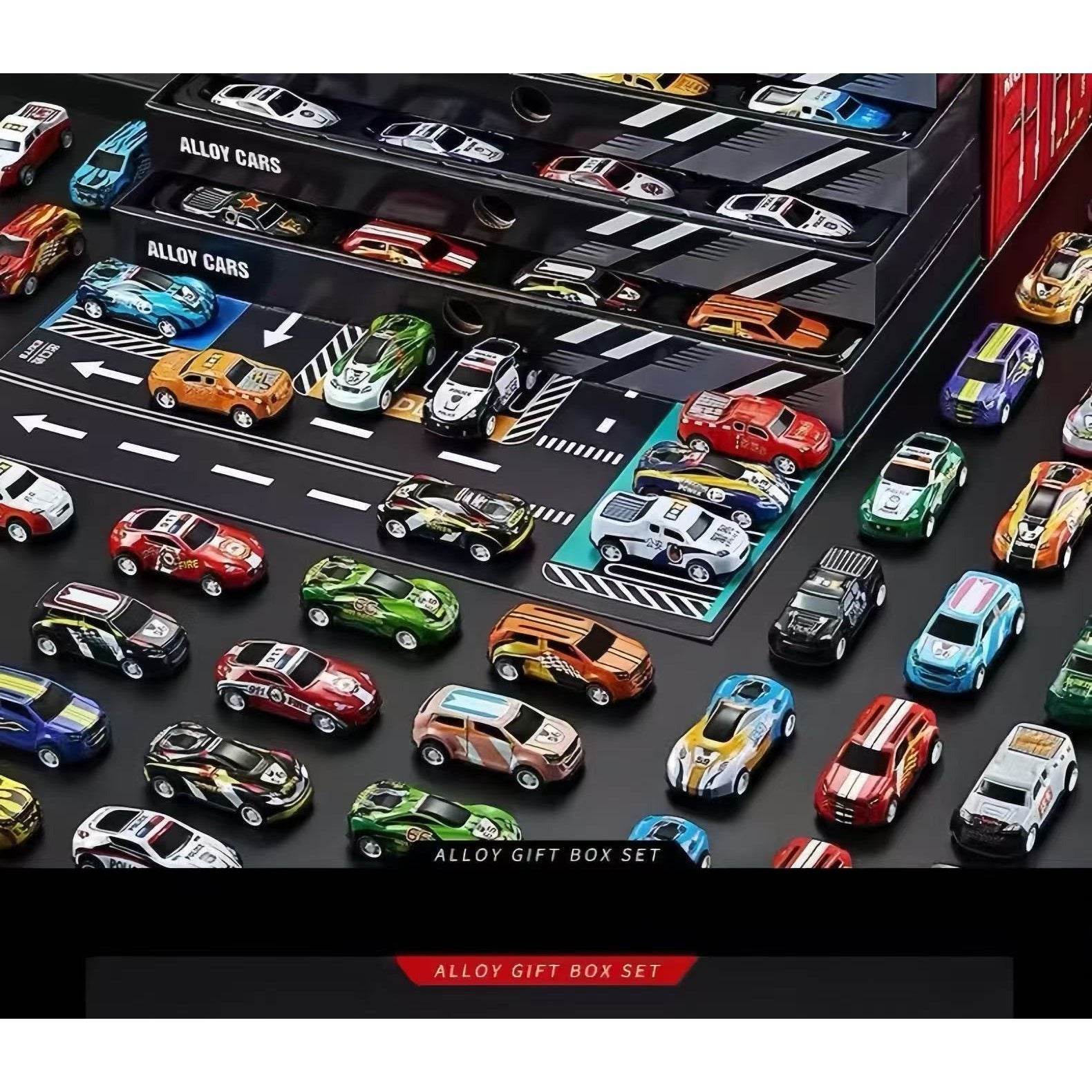 48 carrinhos de metal com marcha à ré - Mapa da cidade com trilhos duplos e estacionamento, presente