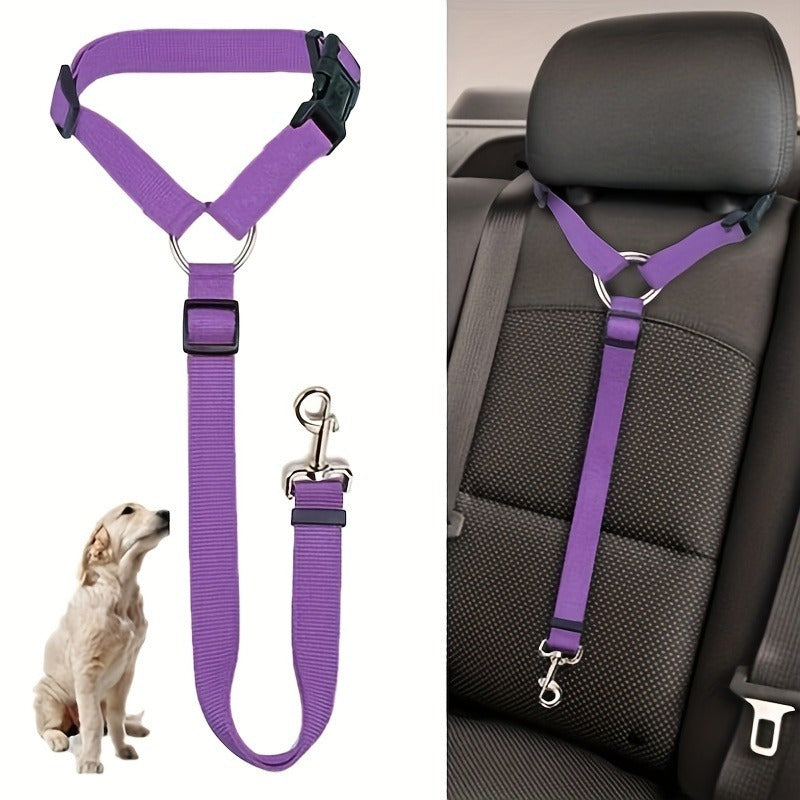 Cinto de segurança ajustável para animais de estimação, com guia de nylon 2 em 1 e cinto para o banco traseiro - Coleira resistente na cor roxa para viagens seguras, lavar à mão, fivelas de metal robustas.