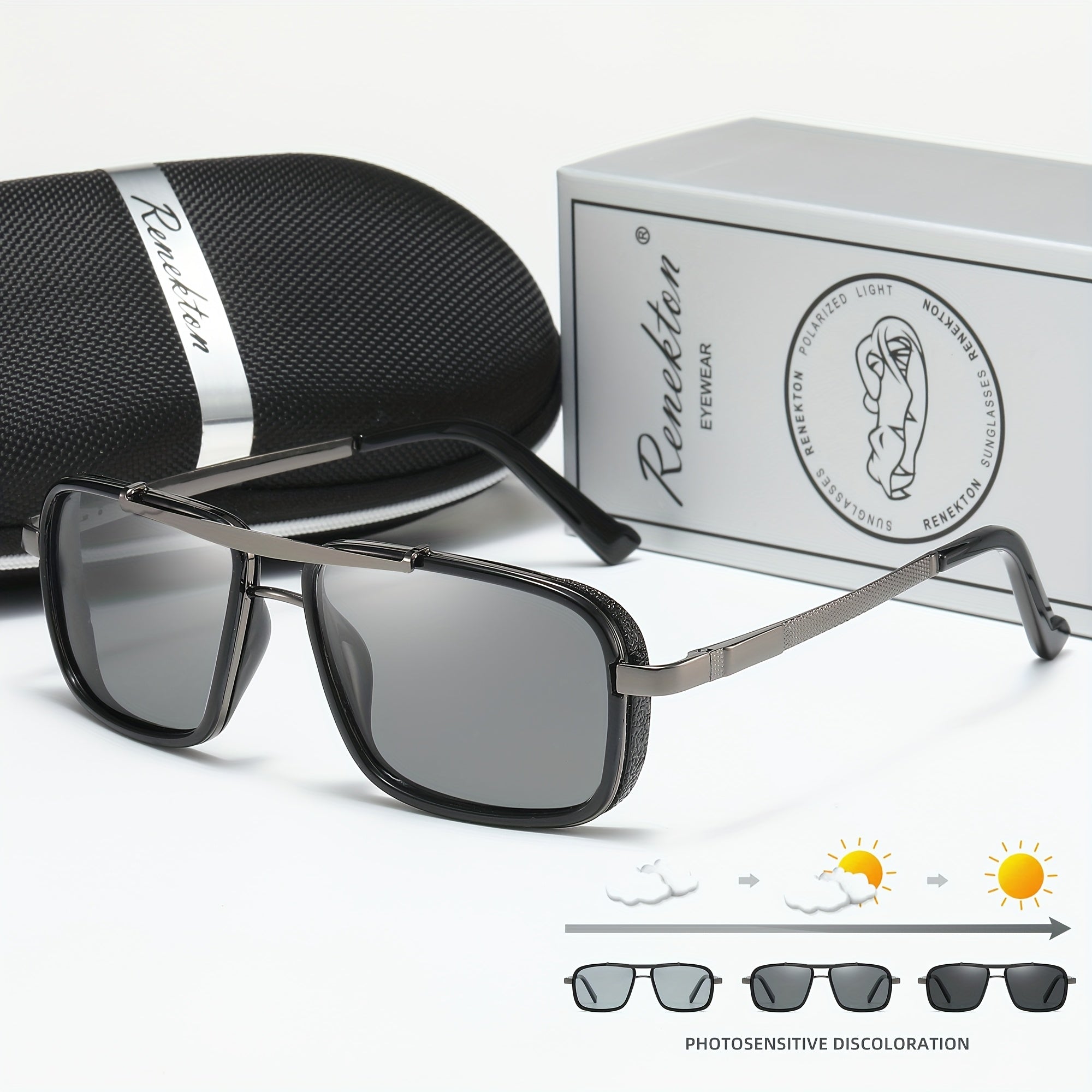 Óculos de Sol Masculinos RENEKTON com Lentes Polarizadas - Armação Quadrada - Aço Inoxidável, Lentes TAC - Inclui Estojo Preto Elegante, Renekton