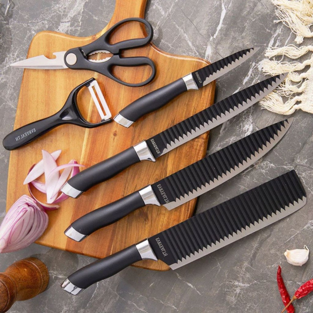 Conjunto de 6 peças para churrasco: facas para carne e legumes, descascador e tesoura profissional.