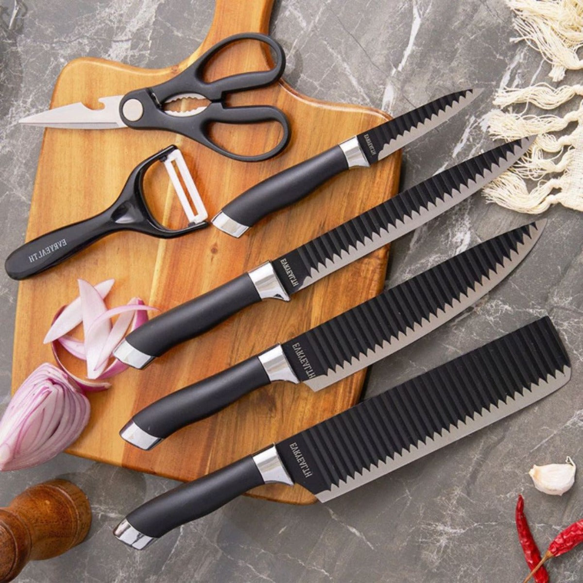 Conjunto de 6 peças para churrasco: facas para carne e legumes, descascador e tesoura profissional.