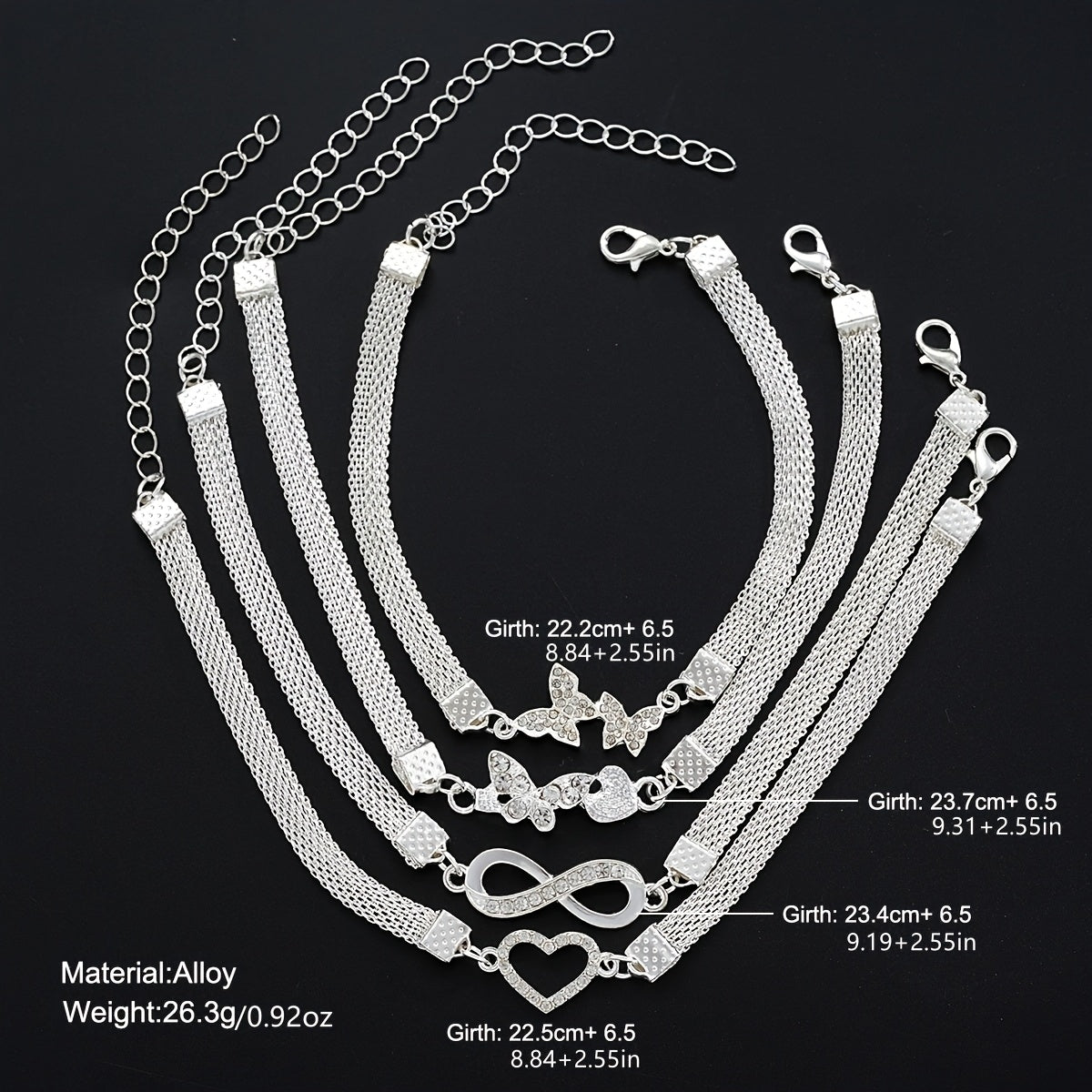 Conjunto de 4 peças de tornozeleira  com símbolo do infinito, borboleta e muito mais.
