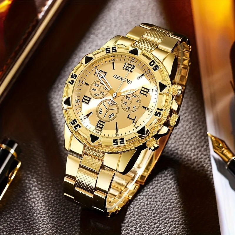 Conjunto de 4 peças elegantes para homens, em aço inoxidável, com relógio de quartzo, pulseira também em aço inoxidável, mostrador de pontos, corrente, anel e colar – Presente perfeito