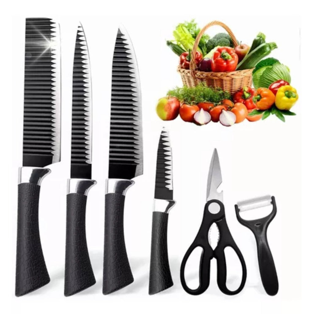 Conjunto de 6 peças para churrasco: facas para carne e legumes, descascador e tesoura profissional.
