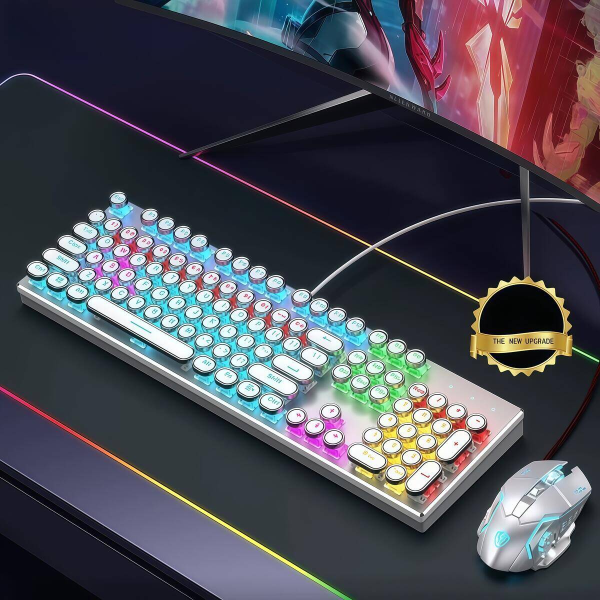 Conjunto de teclado e mouse mecânico: Teclado completo com 108 teclas + mouse para jogos (com iluminação RGB) USB - um item essencial para jogadores.