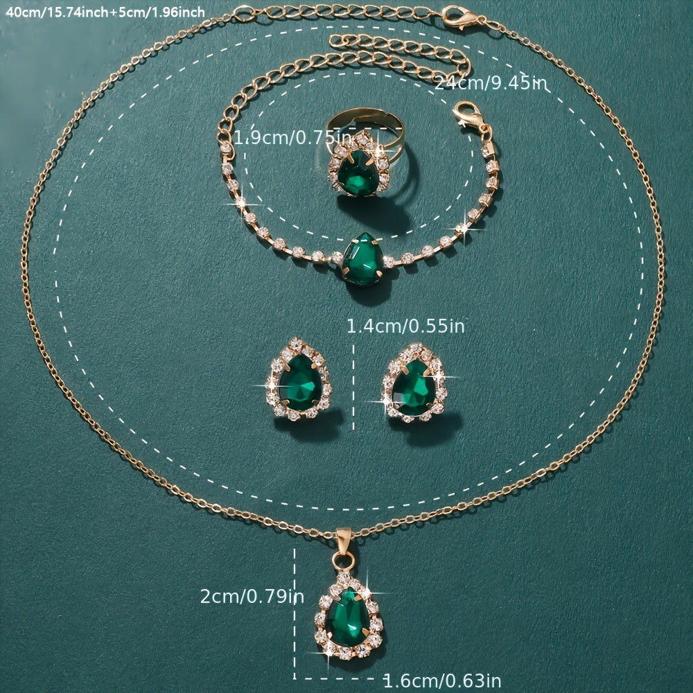Conjunto de 5 peças de joias elegantes com strass verdes, Colar, brincos, pulseira e anel combinando com strass brilhantes