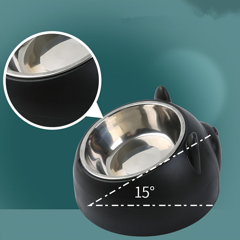 Tigela para gatos em aço inoxidável com suporte, apresentando um adorável design de orelhas, projetada para proteger a coluna cervical com sua bacia inclinada para água e comida.