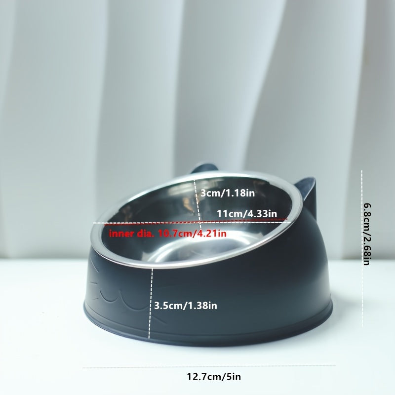 Tigela para gatos em aço inoxidável com suporte, apresentando um adorável design de orelhas, projetada para proteger a coluna cervical com sua bacia inclinada para água e comida.