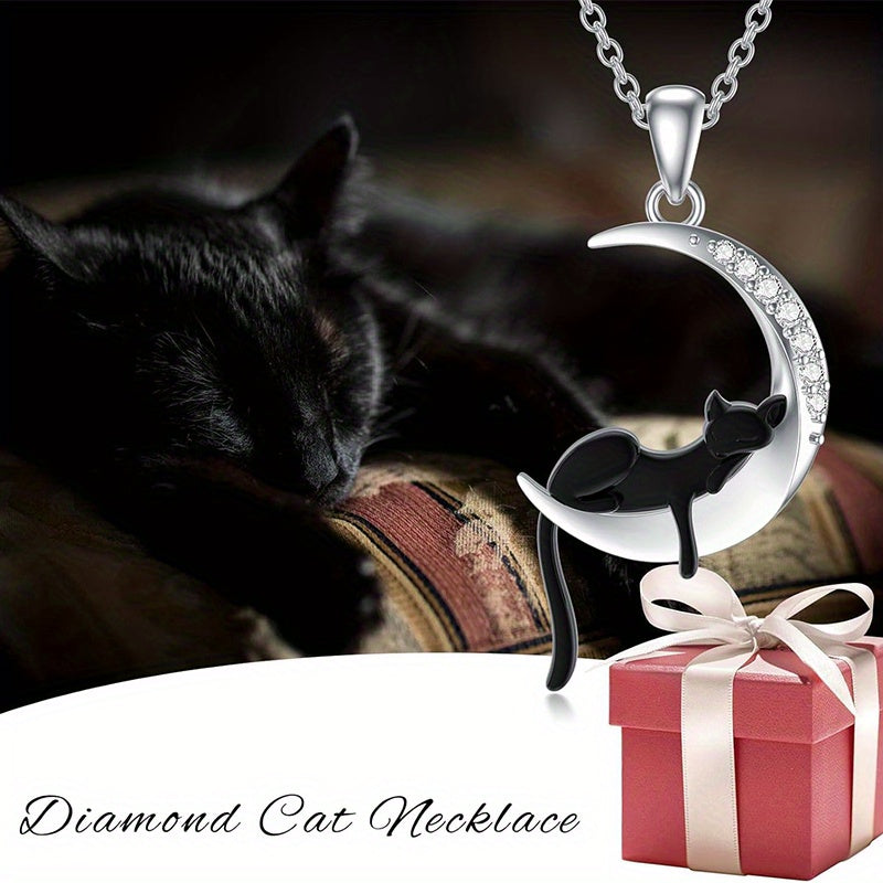 Colar com pingente de gato preto e lua crescente em estilo vintage, feito de liga metálica
