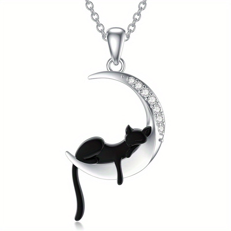 Colar com pingente de gato preto e lua crescente em estilo vintage, feito de liga metálica