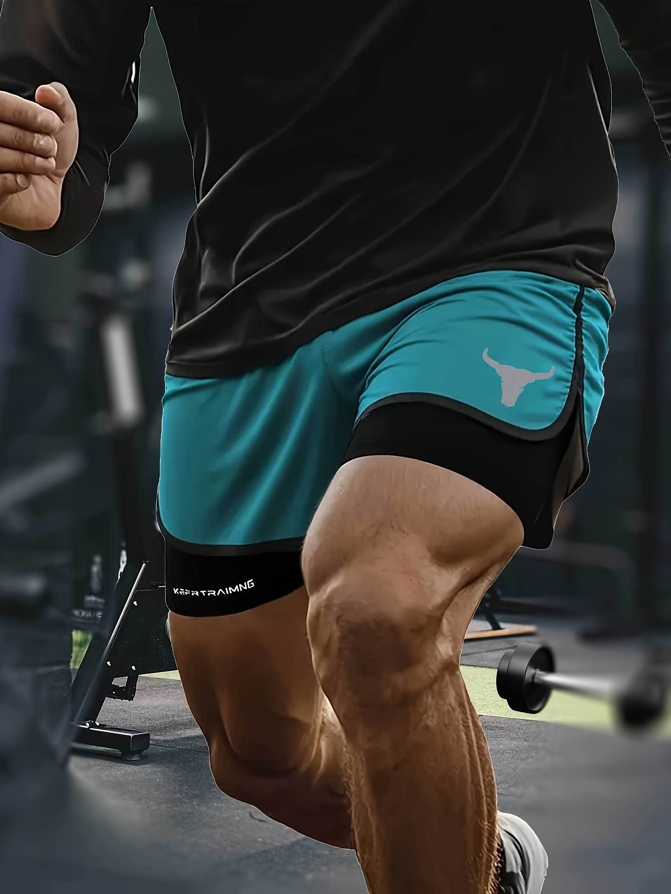 Calções de treino masculinos de secagem rápida e respiráveis com uma moderna estampa de cabeça de touro, perfeitos para praia e atividades físicas.