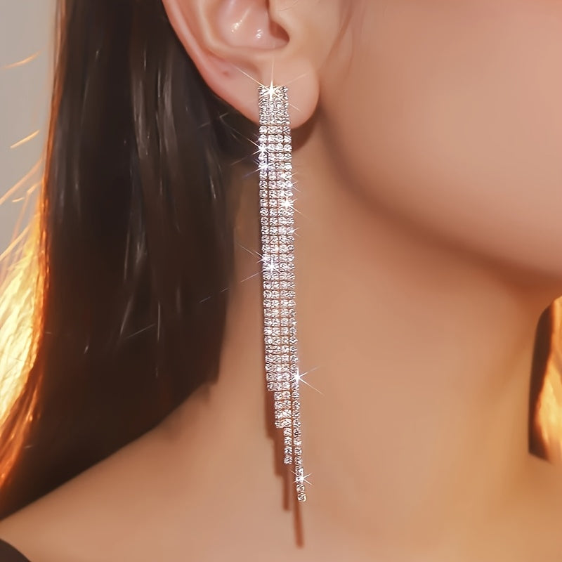 Brincos longos e elegantes com strass para mulheres - Joias marcantes em cascata, ideais para festas