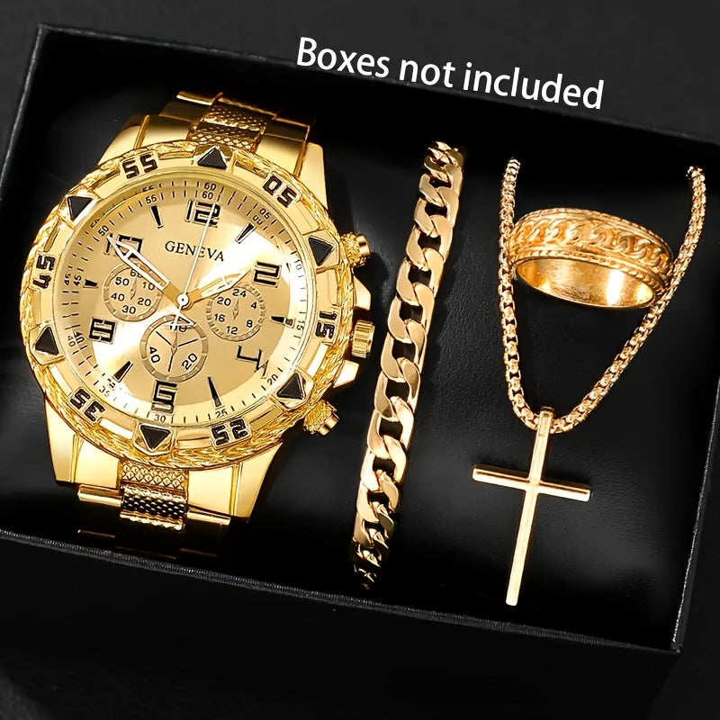 Conjunto de 4 peças elegantes para homens, em aço inoxidável, com relógio de quartzo, pulseira também em aço inoxidável, mostrador de pontos, corrente, anel e colar – Presente perfeito