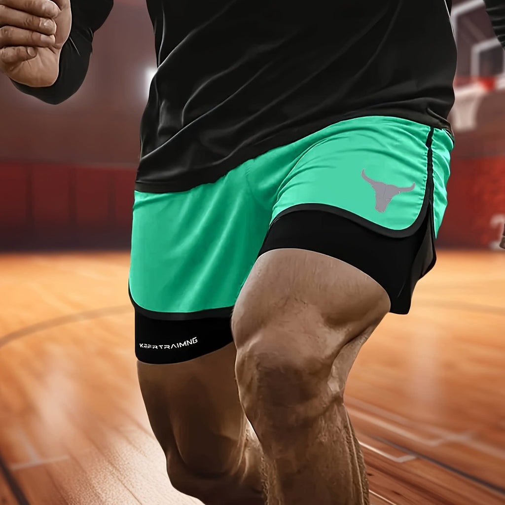 Calções de treino masculinos de secagem rápida e respiráveis com uma moderna estampa de cabeça de touro, perfeitos para praia e atividades físicas.