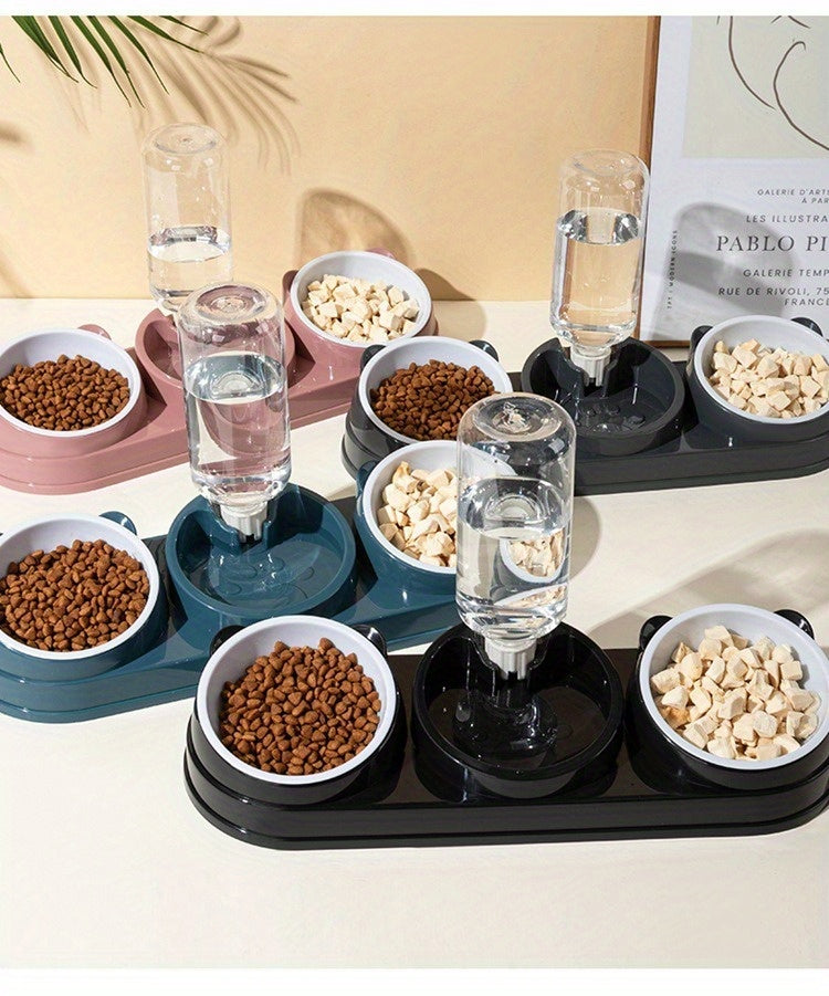 Tigela dupla de aço inoxidável para cães e gatos com design inclinado