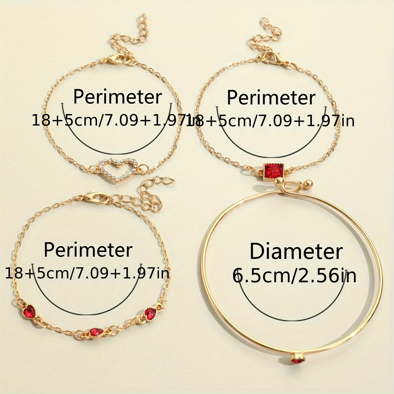 Conjunto de 4 pulseiras de liga metálica com strass, minimalistas, em formato de coração e quadradas, estilo retrô, elegantes e versáteis.