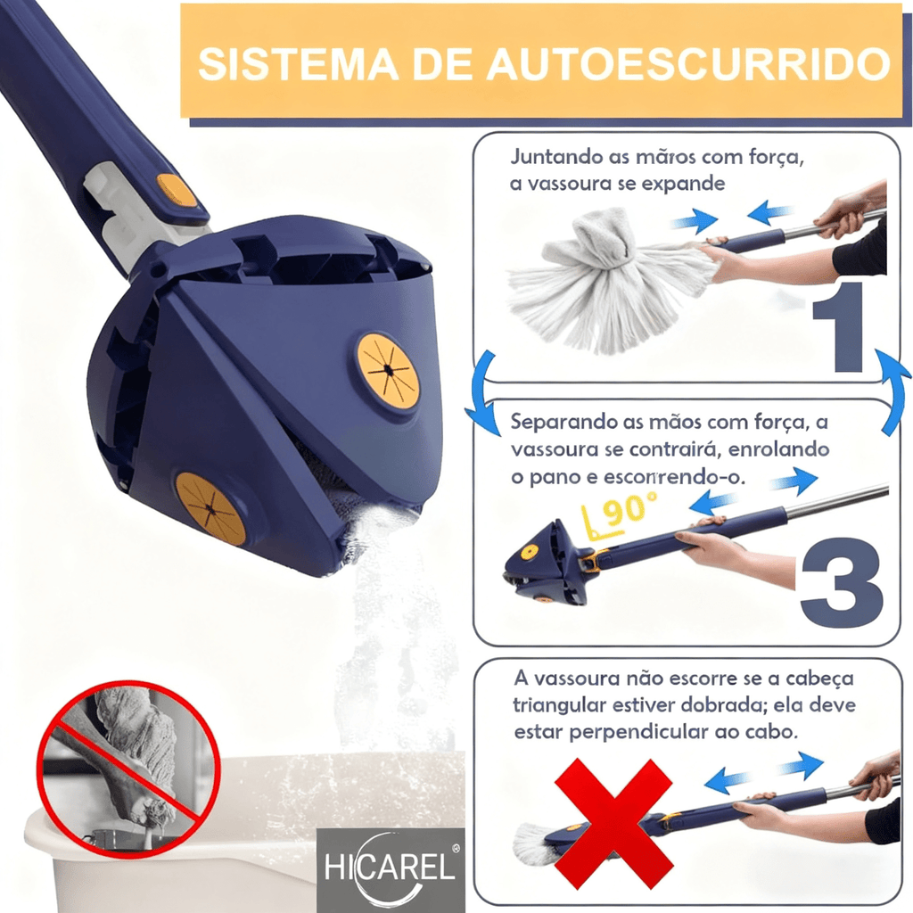 Mop Triangular com Rotação de 360° – Alta Absorção | Limpeza de Cantos sem Sujar as Mãos