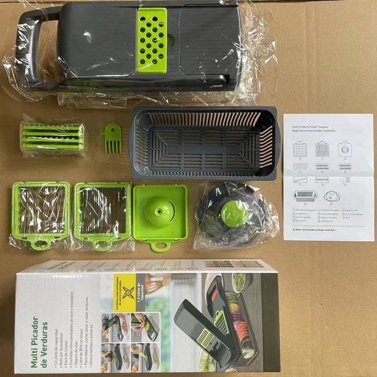 Fatiador, cortador e ralador multiuso profissional em aço inoxidável 14 em 1 para legumes, frutas e outros alimentos.