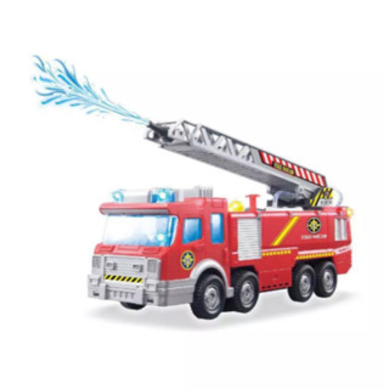 Caminhão de bombeiros vermelho com jato de água, efeitos sonoros e luminosos.