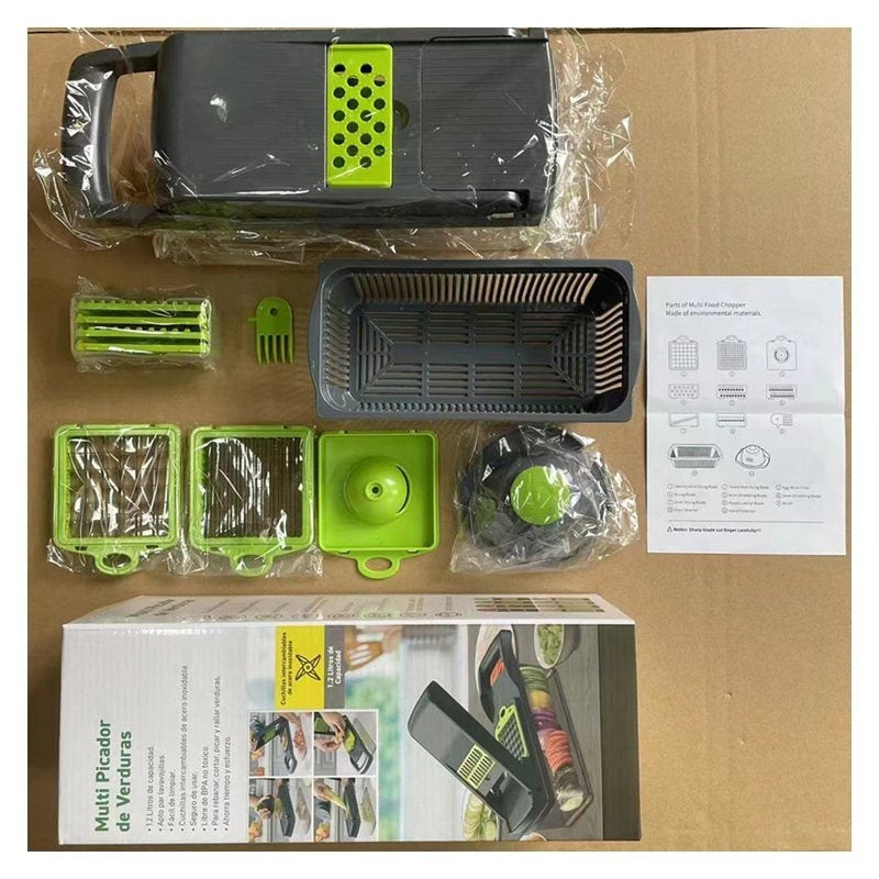 Fatiador, cortador e ralador multiuso profissional em aço inoxidável 14 em 1 para legumes, frutas e outros alimentos.