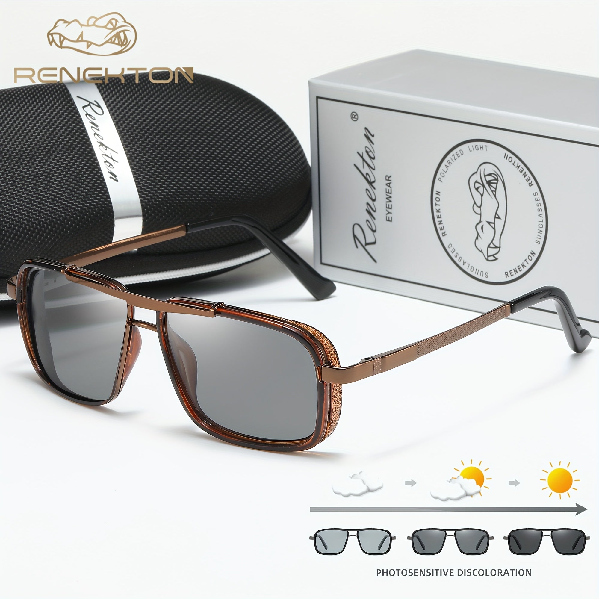 Óculos de Sol Masculinos RENEKTON com Lentes Polarizadas - Armação Quadrada - Aço Inoxidável, Lentes TAC - Inclui Estojo Preto Elegante, Renekton