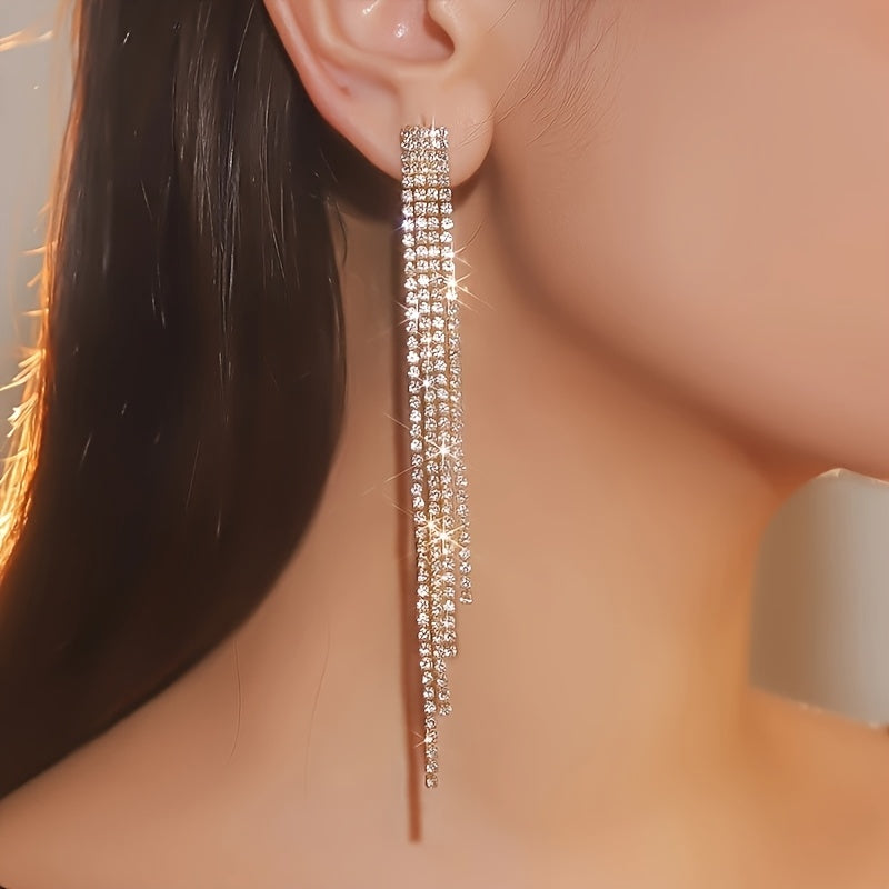 Brincos longos e elegantes com strass para mulheres - Joias marcantes em cascata, ideais para festas