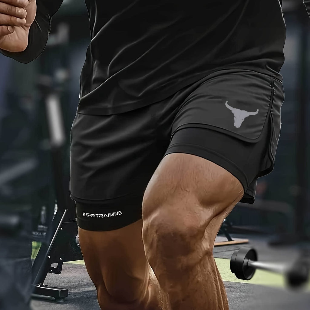 Calções de treino masculinos de secagem rápida e respiráveis com uma moderna estampa de cabeça de touro, perfeitos para praia e atividades físicas.