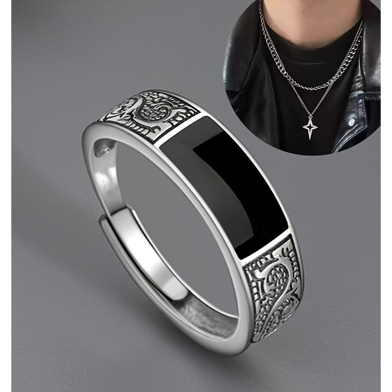 Anel vintage com estampa de dragão, preto retangular, anel de dedo indicador aberto