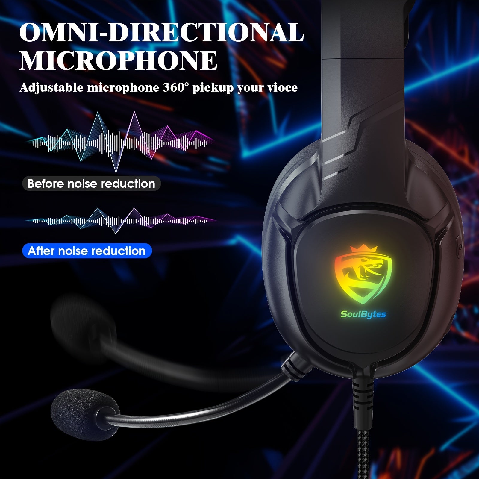 O headset gamer Soulbytes S20 Over-Ear possui um design com fio, controle de volume/mudo, luzes pulsantes em 7 cores e efeitos de som surround. É compatível com celulares, desktops e laptops, e pode ser usado com PS4, PS5 e