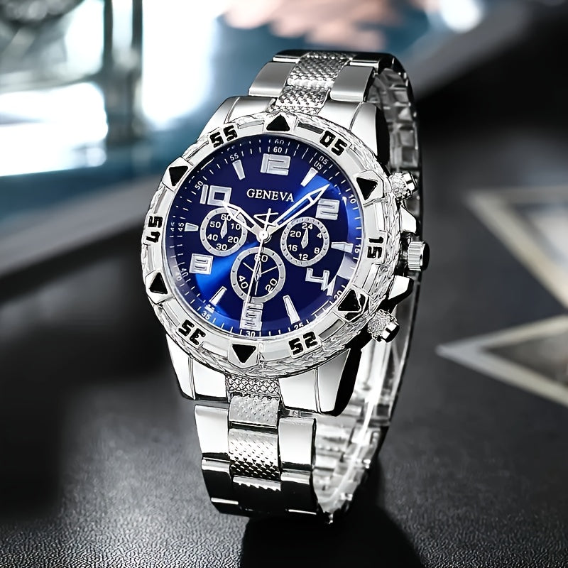 Conjunto de 4 peças elegantes para homens, em aço inoxidável, com relógio de quartzo, pulseira também em aço inoxidável, mostrador de pontos, corrente, anel e colar – Presente perfeito