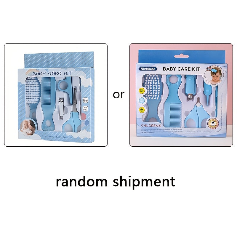 Conjunto de 6 itens de cuidados, incluindo pente, escova, tesoura e outras ferramentas de higiene para animais de estimação.