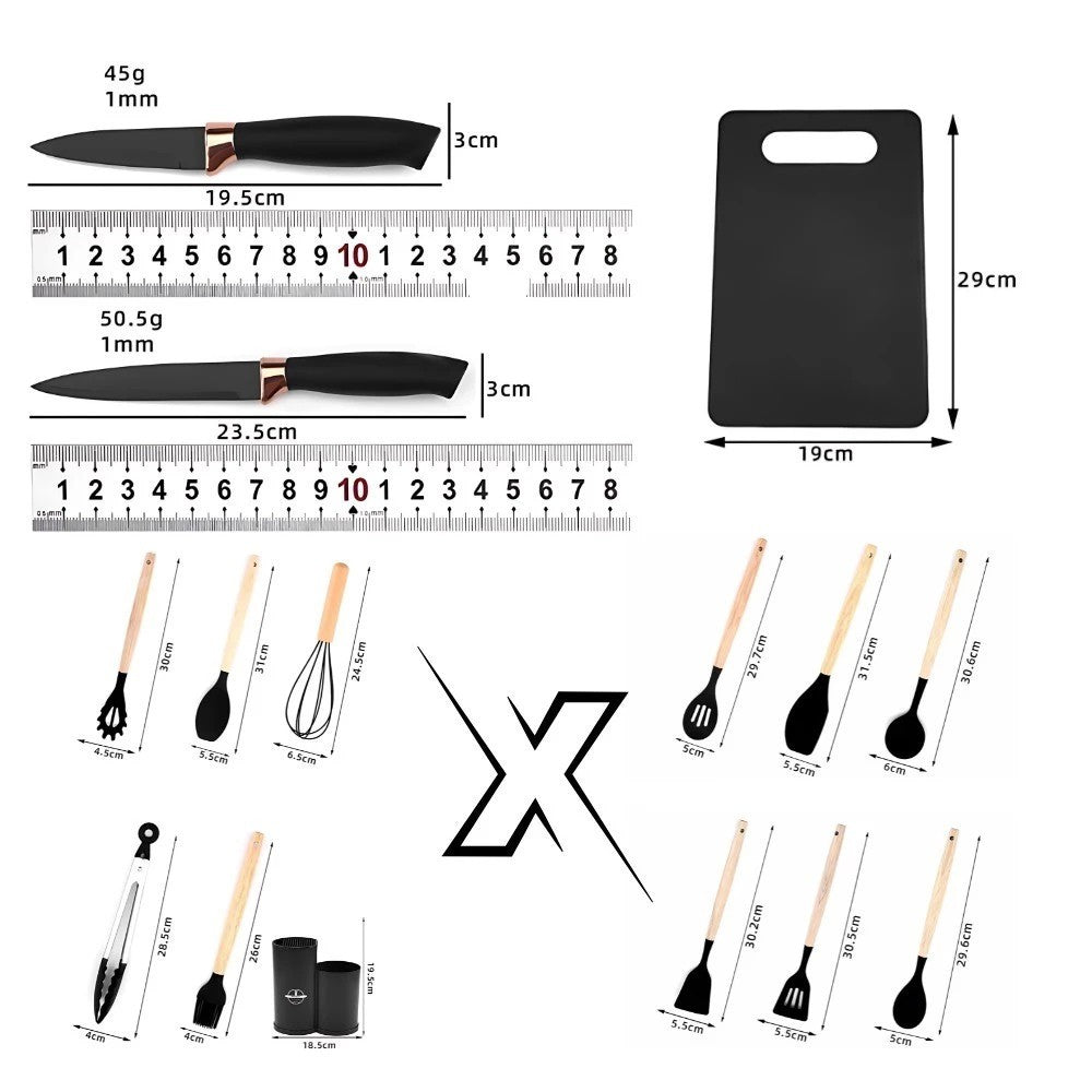 Jogo completo de utensílios de cozinha de luxo com 19 peças, incluindo tabuleiro de silicone, espátula, faca e tesoura.