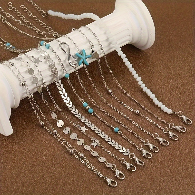 Conjunto de 10 tornozeleiras de metal com pingente de estrela-do-mar em estilo boêmio