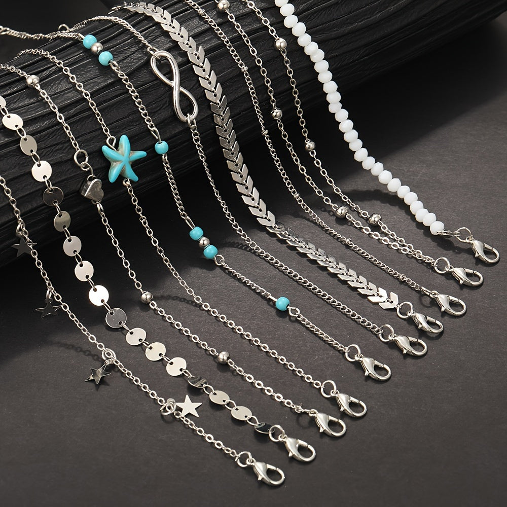Conjunto de 10 tornozeleiras de metal com pingente de estrela-do-mar em estilo boêmio