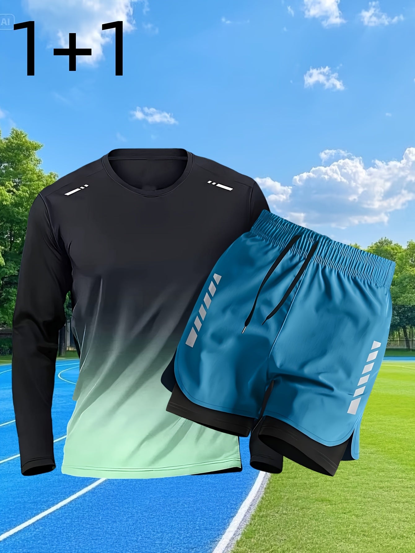 Conjunto Esportivo Masculino 2 Peças – Blusa de Manga Comprida + Shorts Justos de Camada Dupla