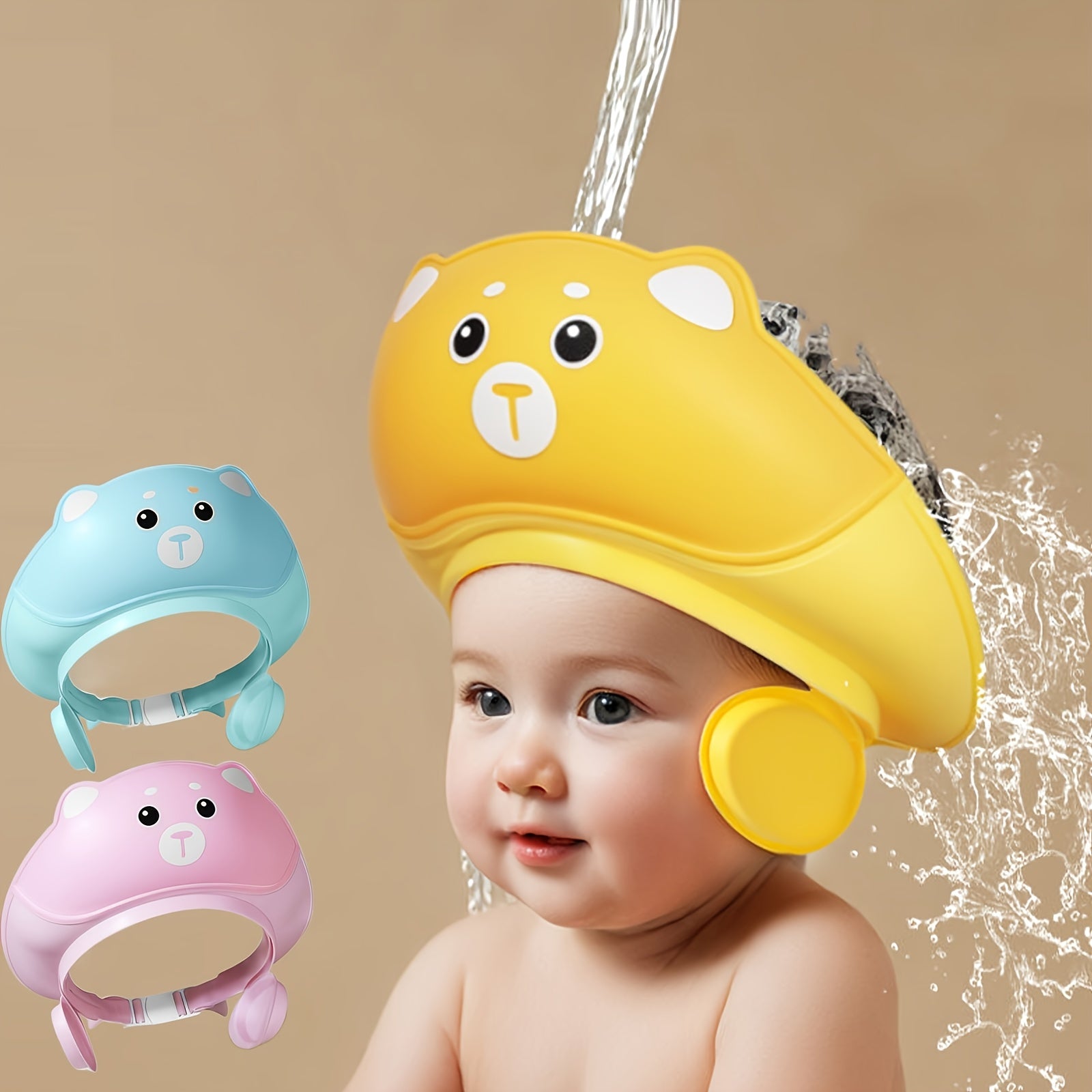 Touca de Banho Infantil Fofa com Estampa de Gato e Urso, Design de 3 Camadas e Sistema de Ventilação para as Orelhas - Cores Pastel Suaves (Rosa, Azul, Amarelo, Branco, Bege) - Touca de Banho para Bebê para Banheira, Spa e