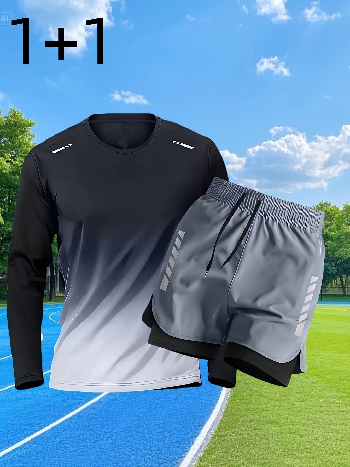 Conjunto Esportivo Masculino 2 Peças – Blusa de Manga Comprida + Shorts Justos de Camada Dupla