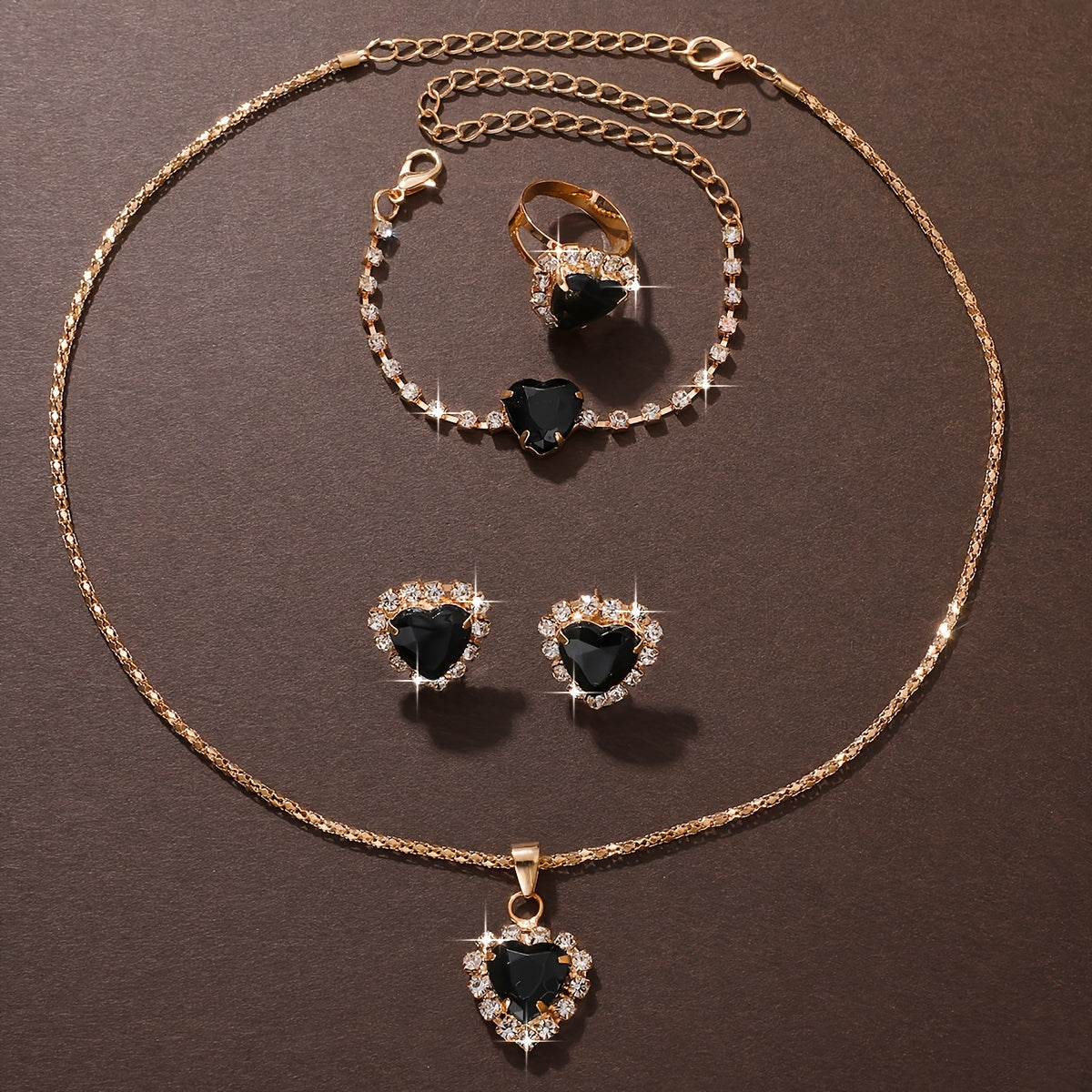 Conjunto de joias femininas estilo férias com 5 peças: 1 colar, 1 pulseira, 1 anel e 2 brincos