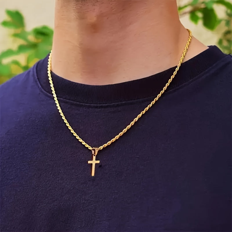 Colar com pingente de cruz em aço inoxidável banhado a ouro 8K, corrente de corda elegante, acessório de joalheria religiosa unissex