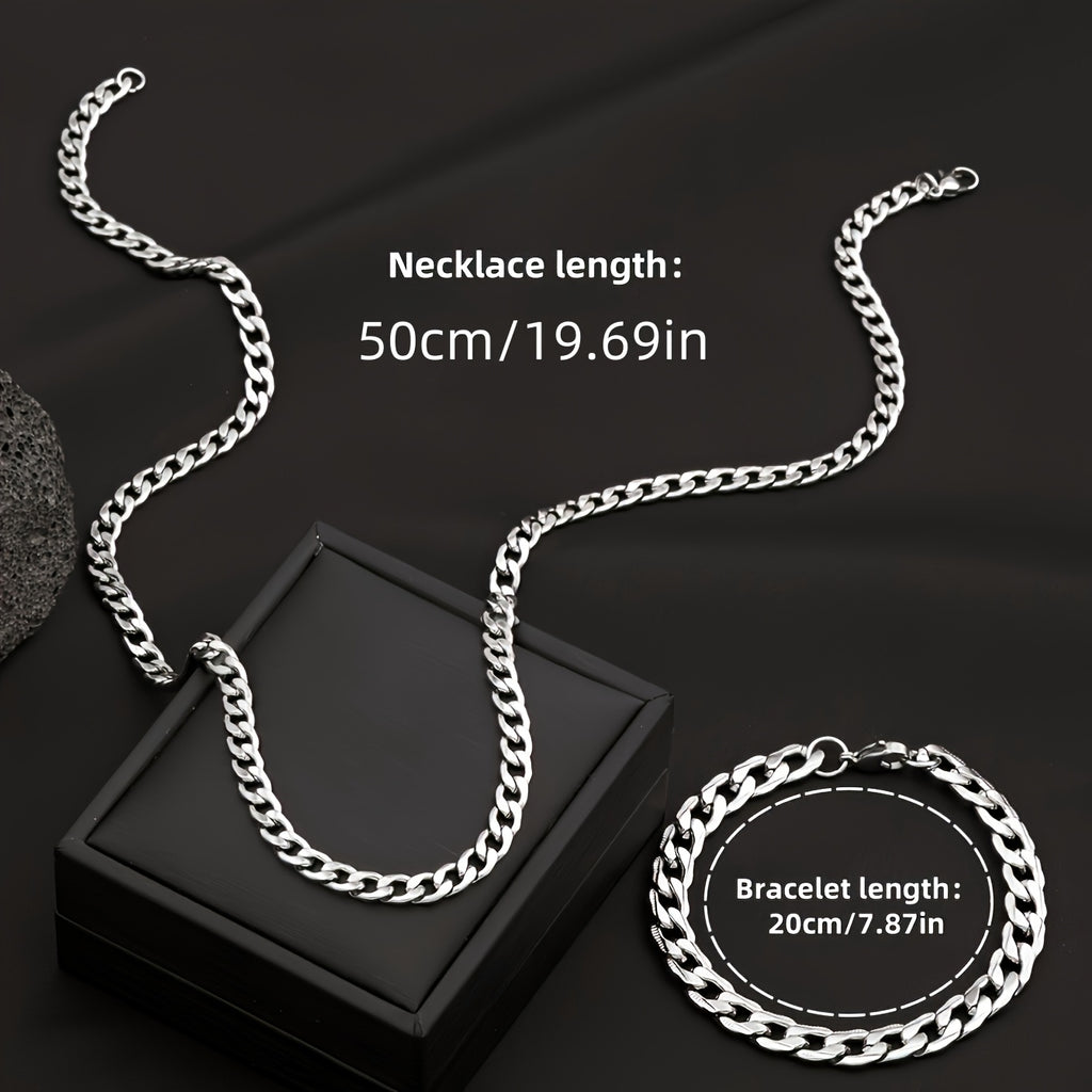 Conjunto de joias masculinas em aço inoxidável, corrente cubana de 50 cm, pulseira com relevo
