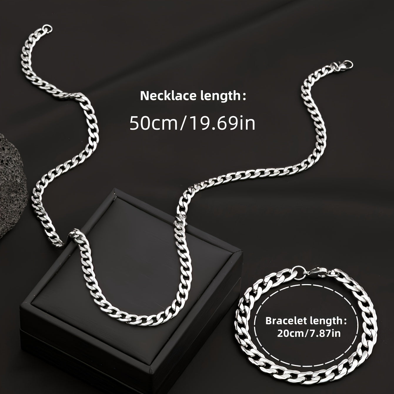 Conjunto de joias masculinas em aço inoxidável, corrente cubana de 50 cm, pulseira com relevo