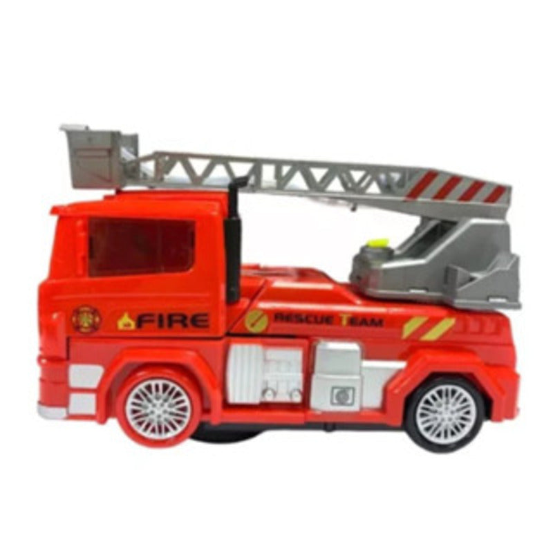 Caminhão de bombeiros vermelho com jato de água, efeitos sonoros e luminosos.