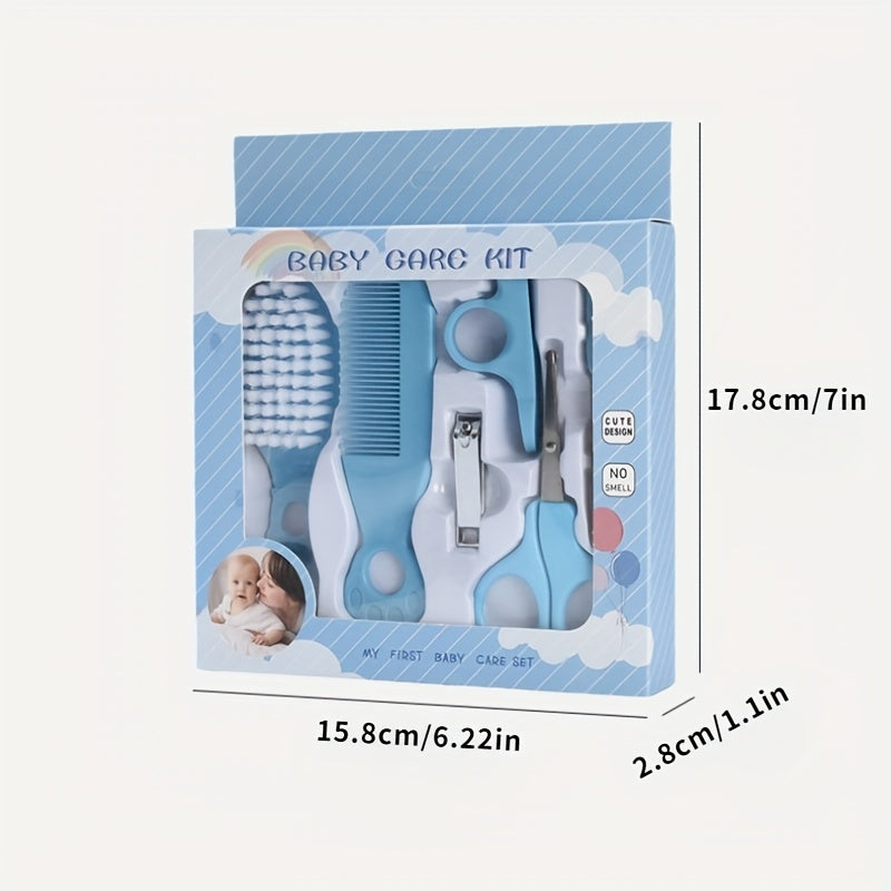 Conjunto de 6 itens de cuidados, incluindo pente, escova, tesoura e outras ferramentas de higiene para animais de estimação.