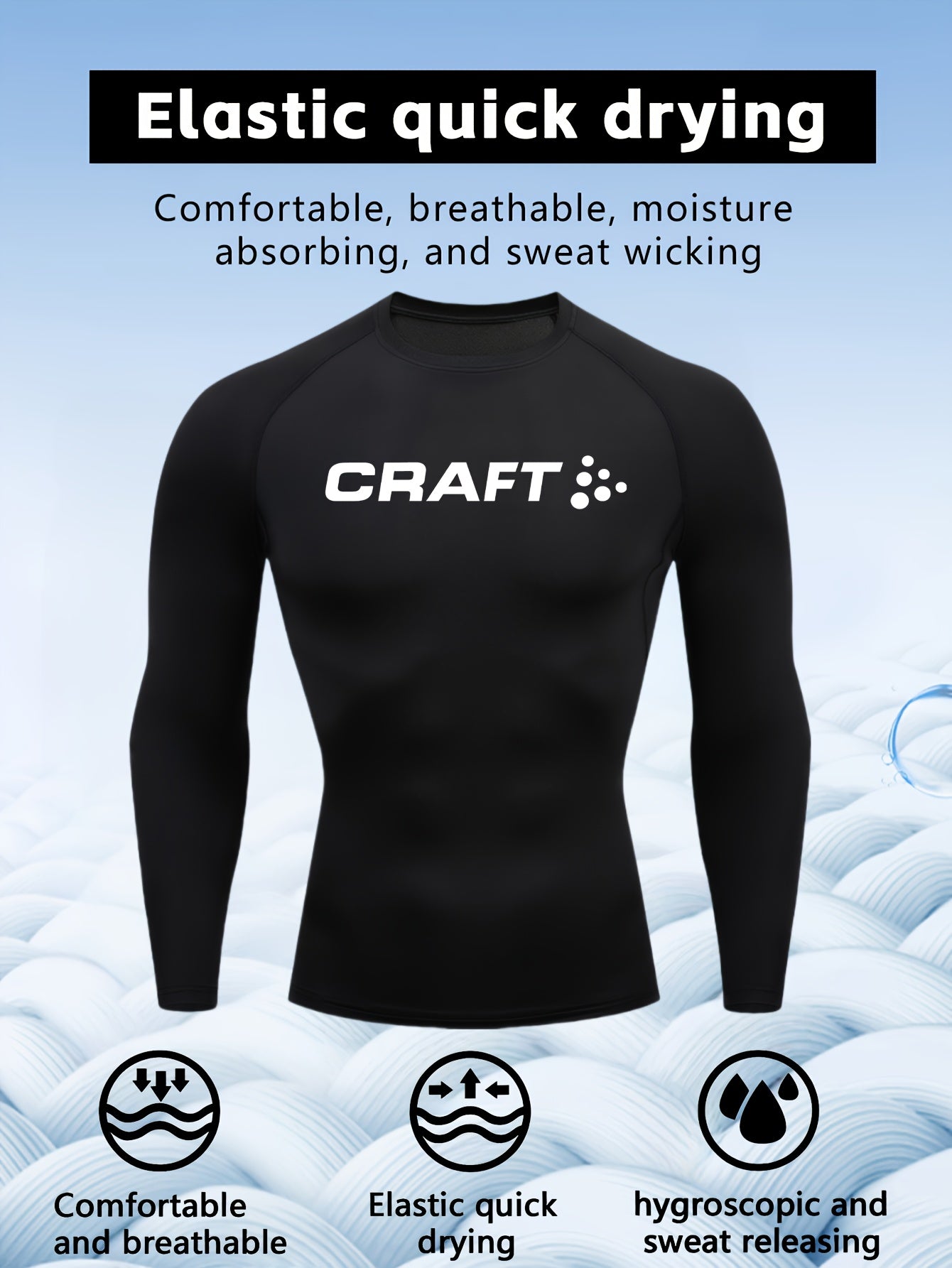 Camiseta de compressão masculina de manga comprida de alto desempenho CRAFT | Tecido de malha com gola redonda, secagem rápida, respirável e com absorção de umidade, ideal para fitness, corrida, boxe e uso casual. Leve e