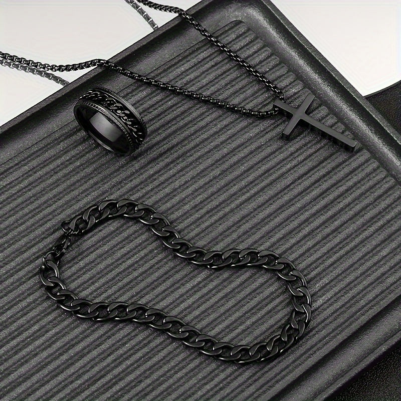 Conjunto de 3 peças de joias em aço inoxidável da série Dark, elegantes e versáteis, com cruzes
