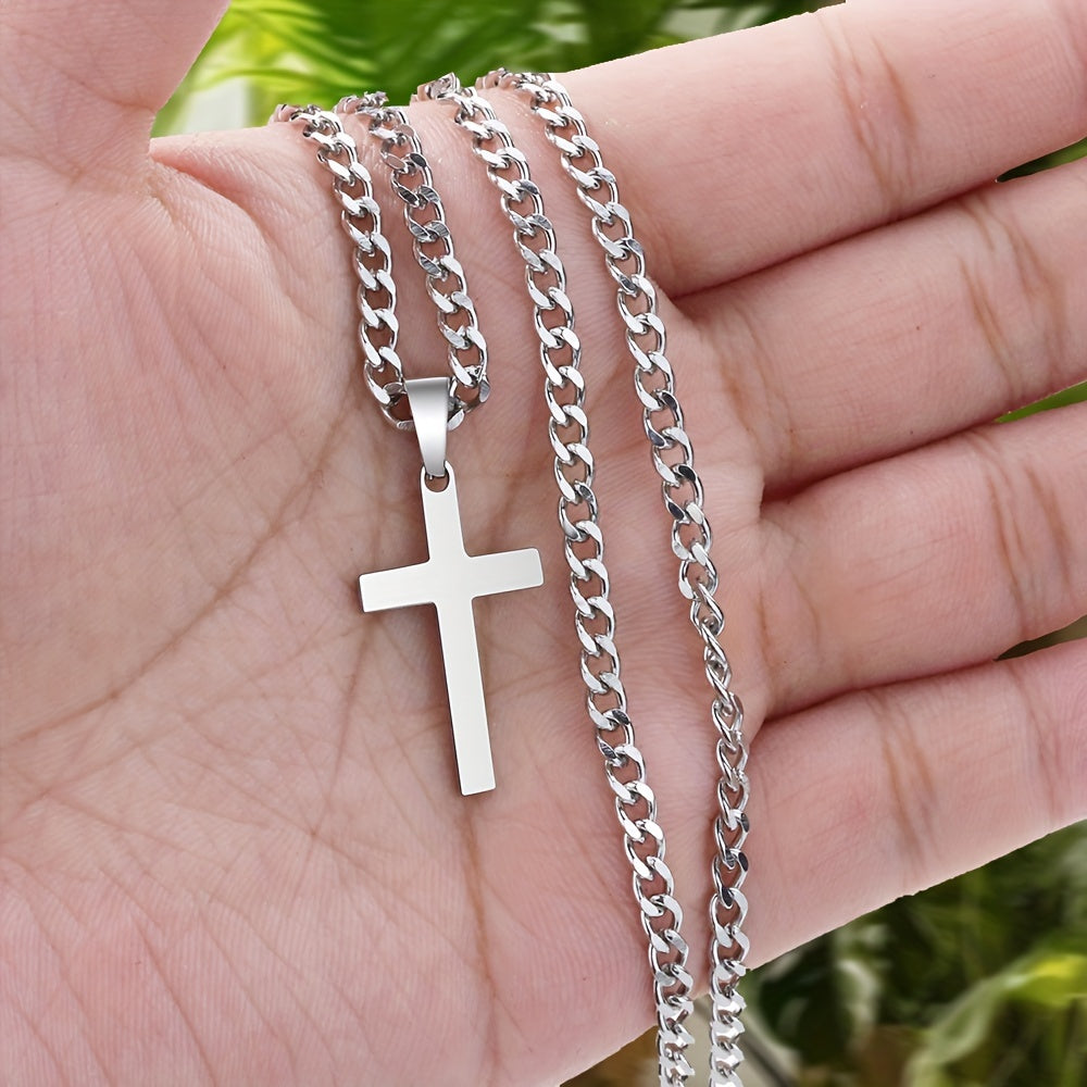 Colar com Pingente de Cruz em Aço Inoxidável, Corrente Durável e Resistente à Oxidação, Colar com Cruz, Estiloso