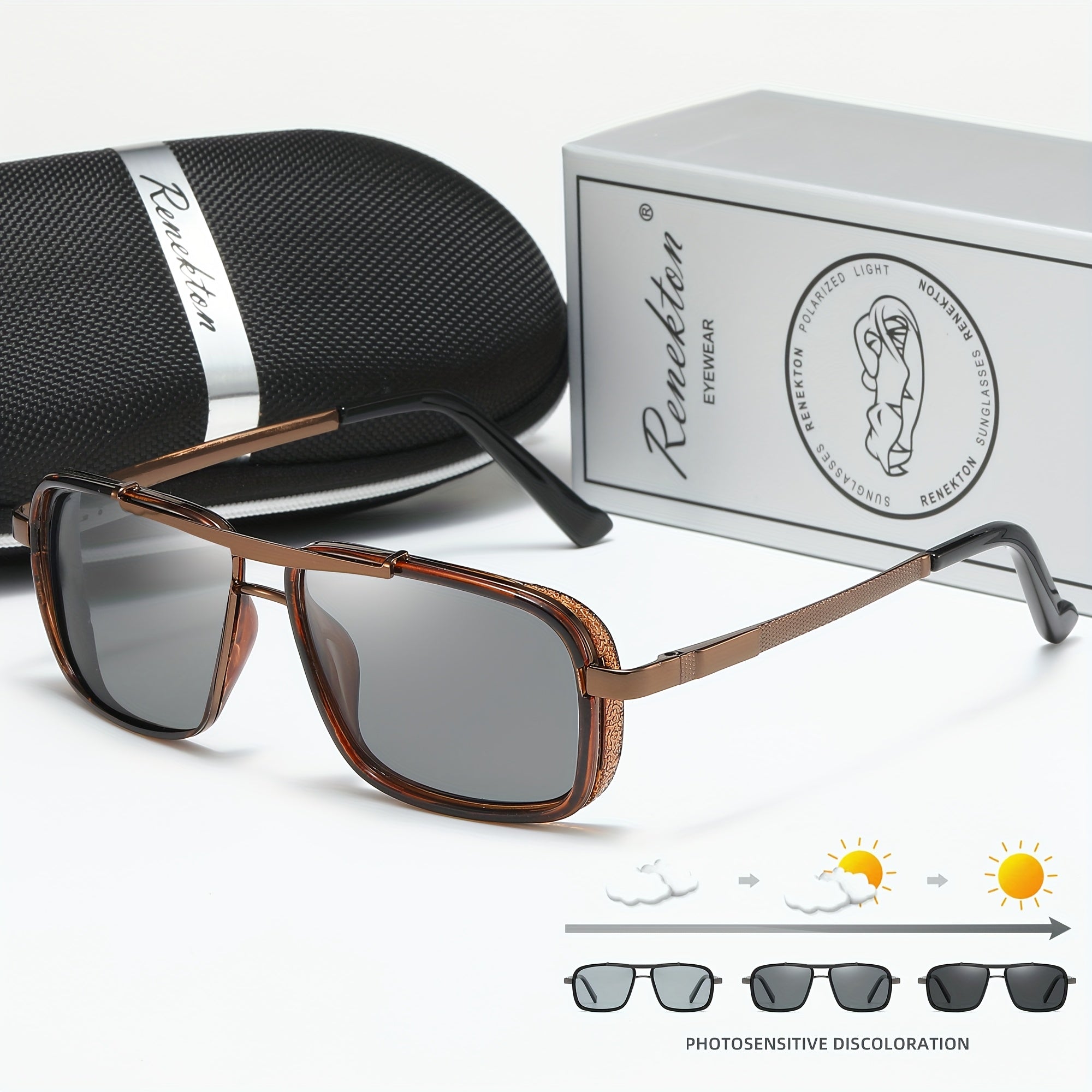 Óculos de Sol Masculinos RENEKTON com Lentes Polarizadas - Armação Quadrada - Aço Inoxidável, Lentes TAC - Inclui Estojo Preto Elegante, Renekton