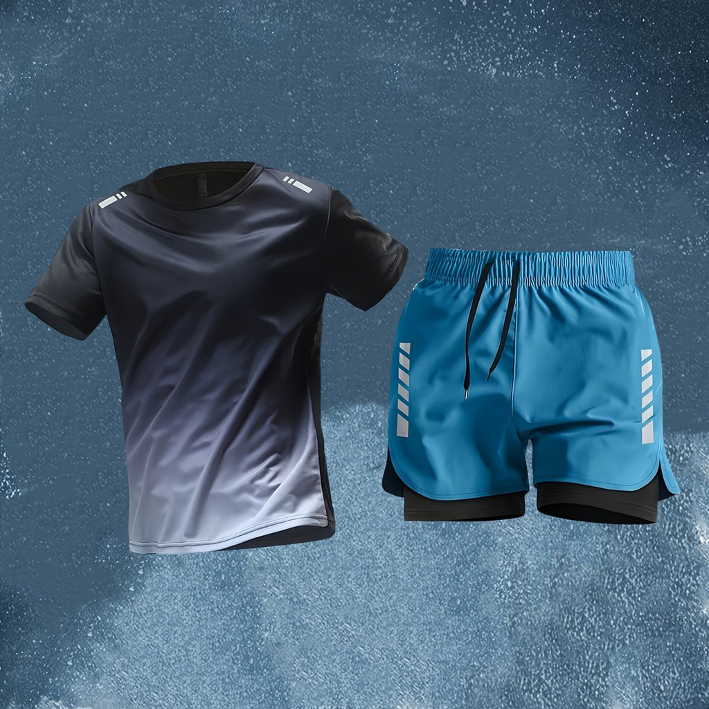 Conjunto Esportivo Masculino 2 Peças – Camiseta de Manga Curta + Bermuda Justa de Camada Dupla